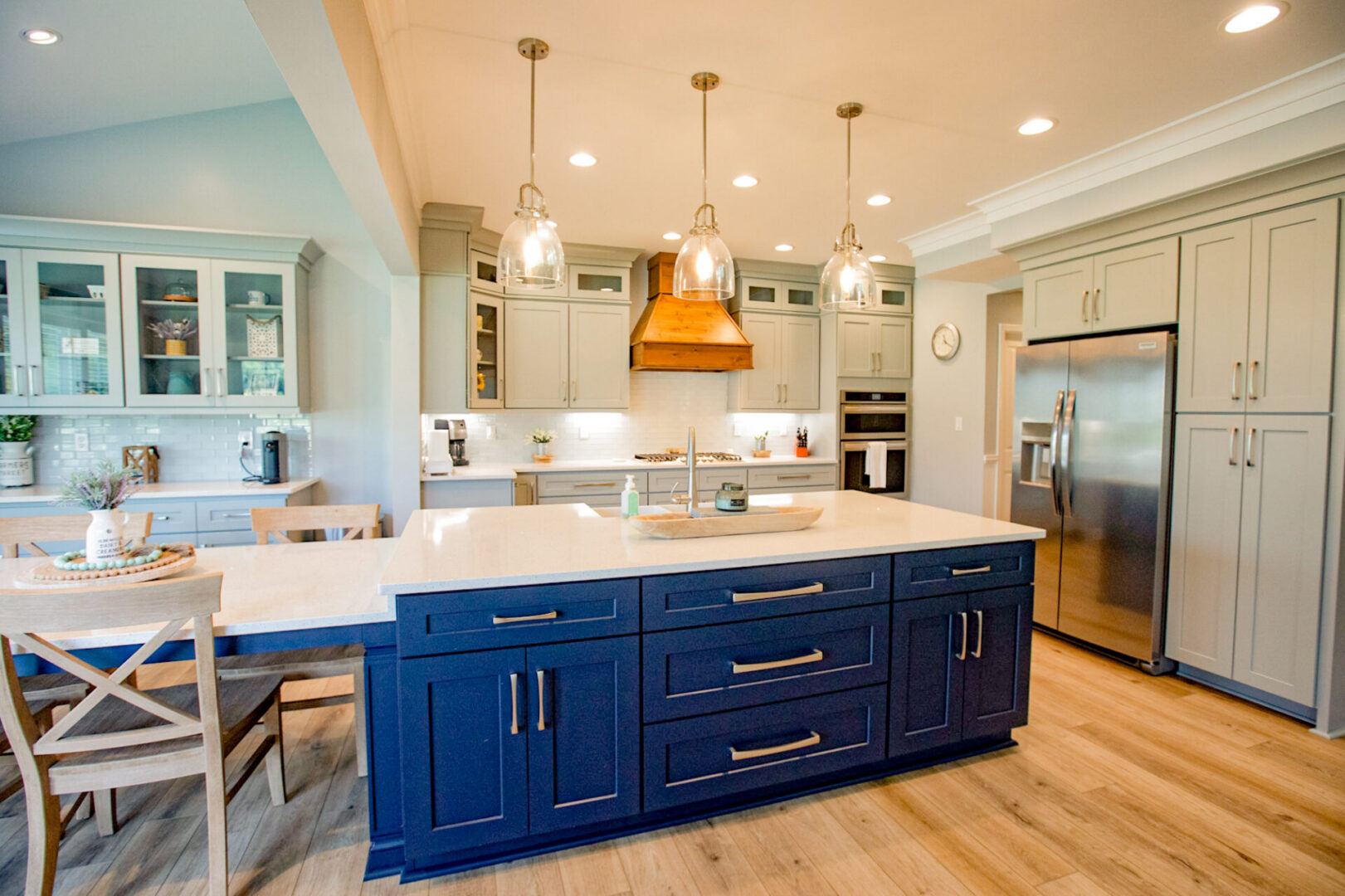 Modern kitchen with navy blue island