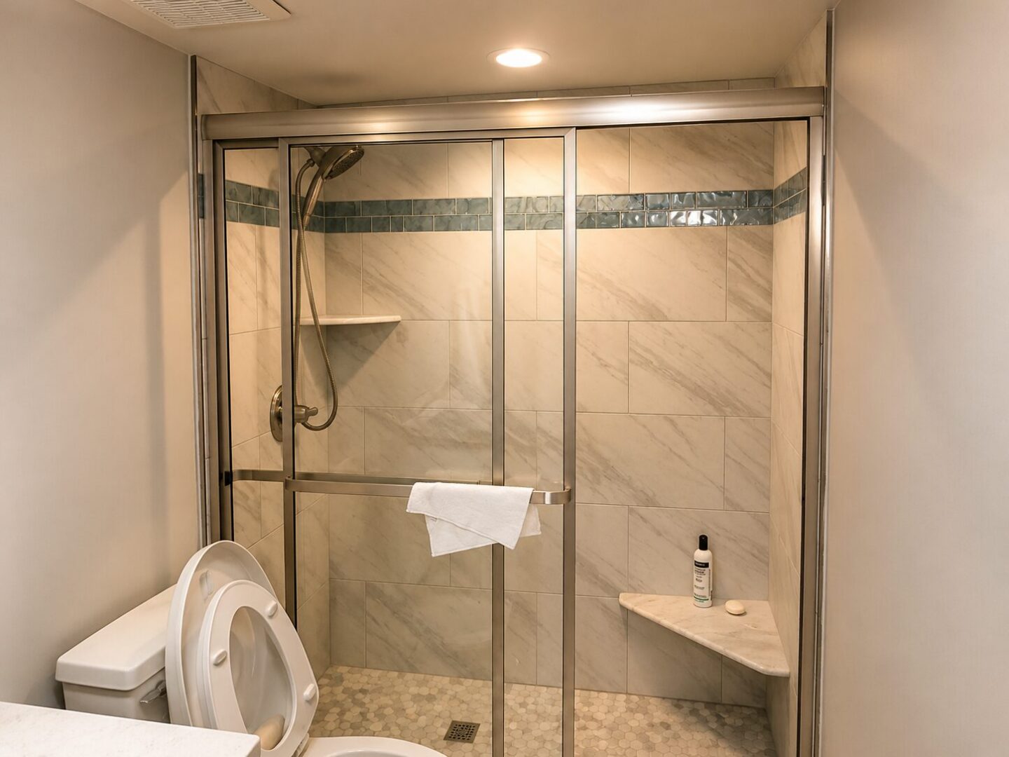 Tiled glass shower with towel and toilet